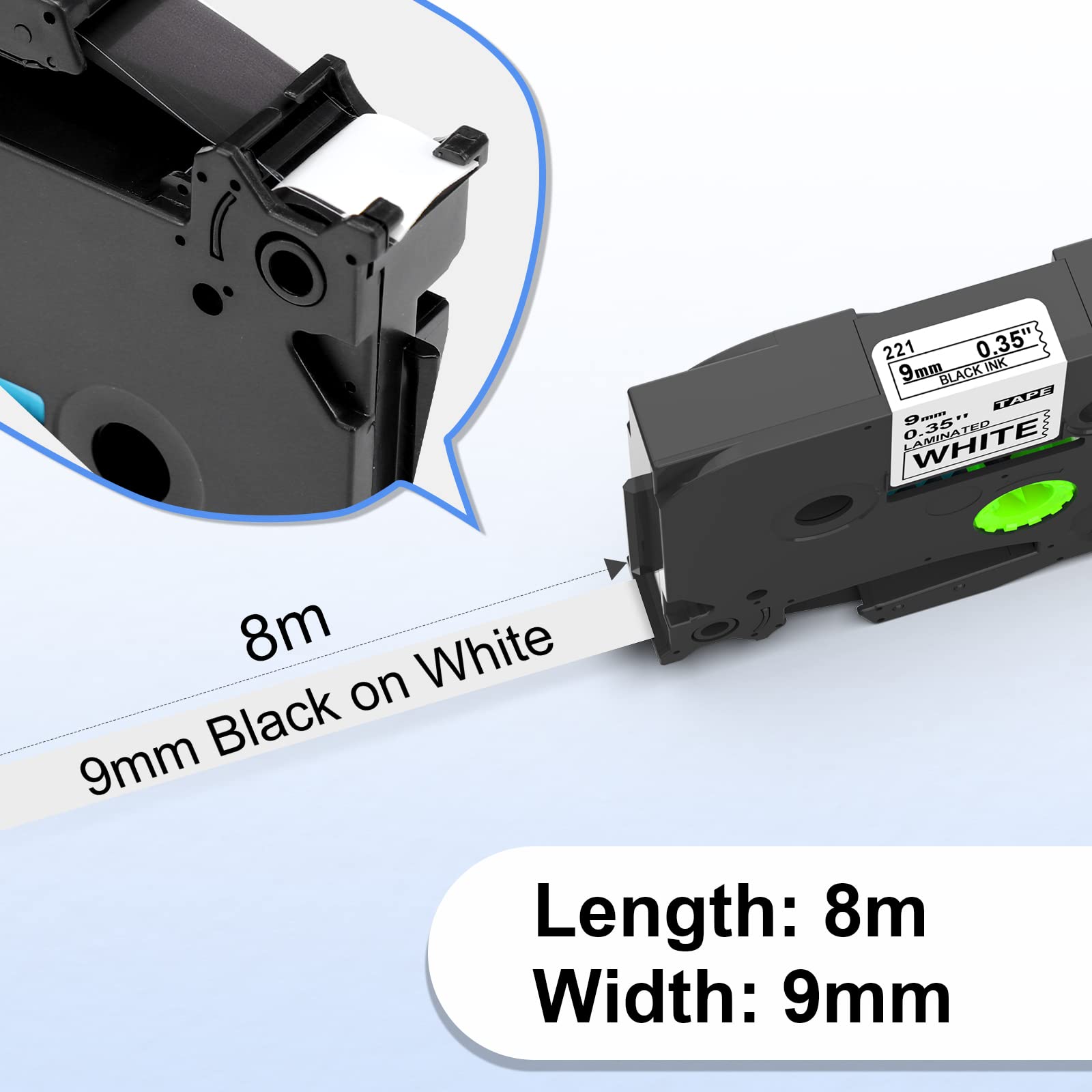 Replacement for Brother TZe-221 TZe221 P Touch Label Tape 9mm TZe TZ Tape 9mm 0.35'' Laminated White for PT-H110 PT-E110 PT-H100R PT-H108 PT-H101C PT-H200 PT-1000 Label Makers - Image 3