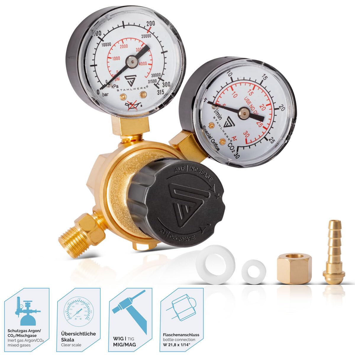 STAHLWERK Mini regulador de presión ST-215 según norma DIN EN ISO 2503 Regulador de presión hasta 200 bar de latón de alta calidad para Argón | CO2 | Mix 18 | gas de protección