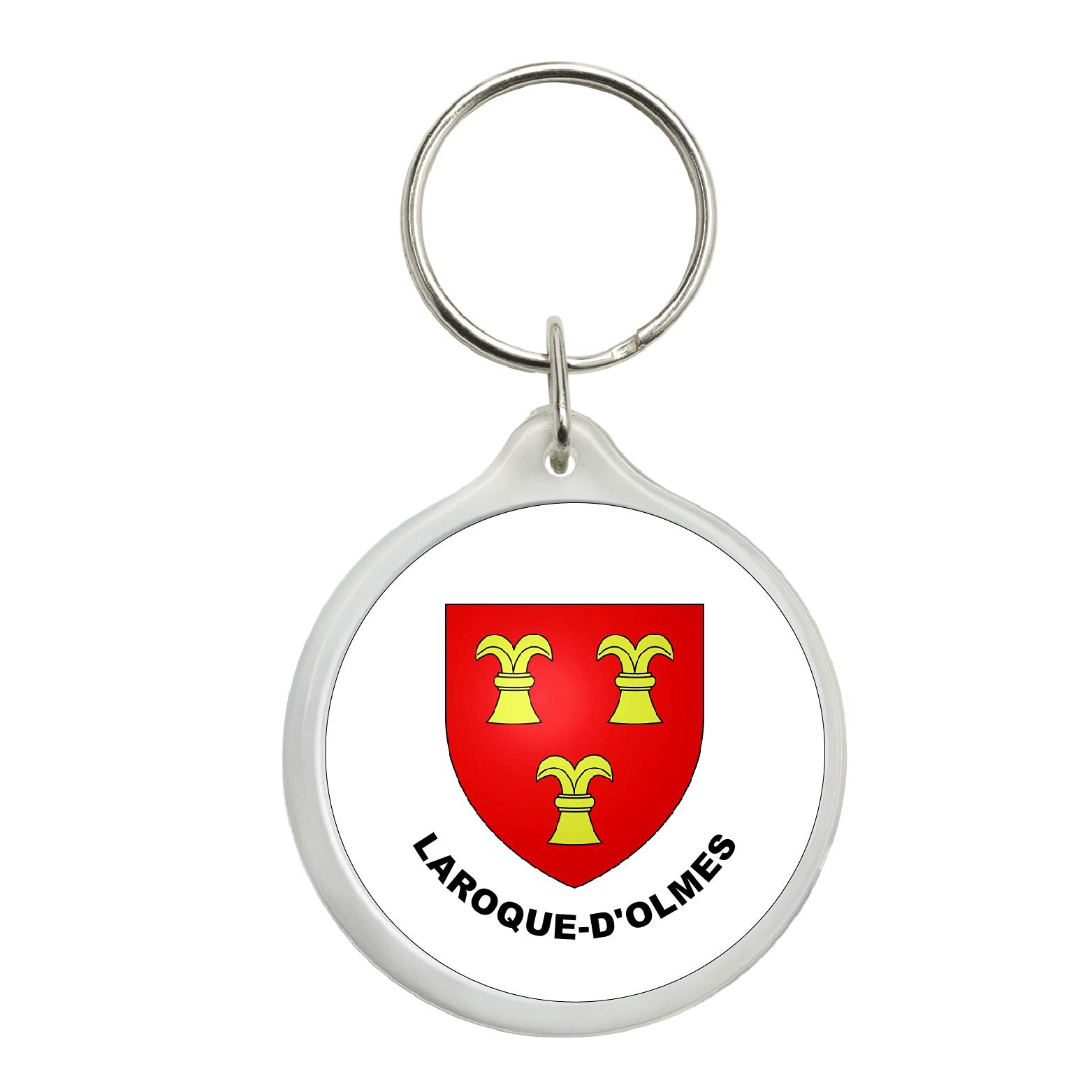 ROUND KEYCHAIN. HERALDIC SHIELD LAROQUE-D'OLMES ARIEGE FRANCE