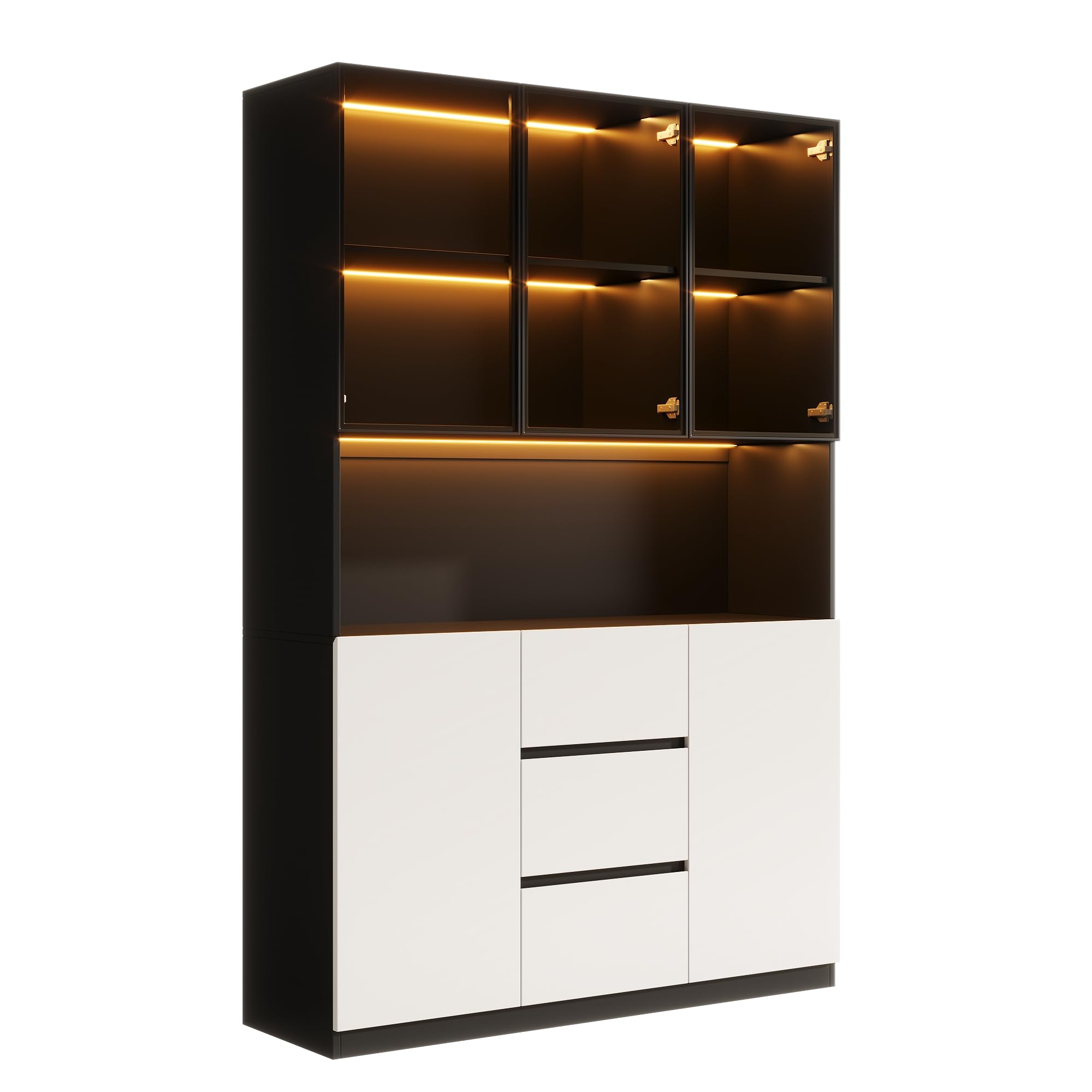 Dolamaní Armadio alto 120 × 40 × 200 cm, armadio da cucina, buffet con illuminazione a LED, scaffali aperti, 3 cassetti e 2 ante, vetrina in vetro, per soggiorno, sala da pranzo (bianco+nero)
