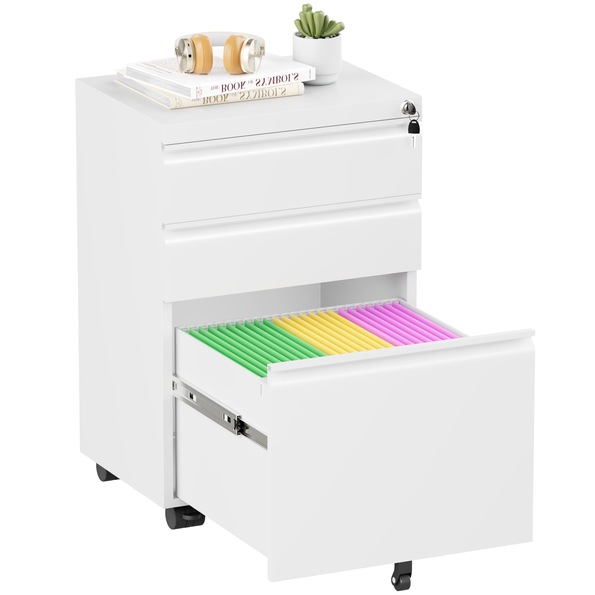 Superday White 3 Drawer Mobile Locking File Cabinet, Metal Rolling Vertical Filing Cabinet with Drawers, Small Under Desk File Cabinets for Office and