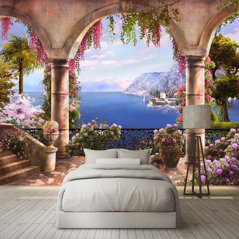 Papel Pintado Con Foto 3D Personalizado Jardín Balcón Vista Al Mar Pintura De Pared Póster Dormitorio Sala De Estar Sofá Decoración Del Hogar Mural 200Cm(W)×140Cm(H)