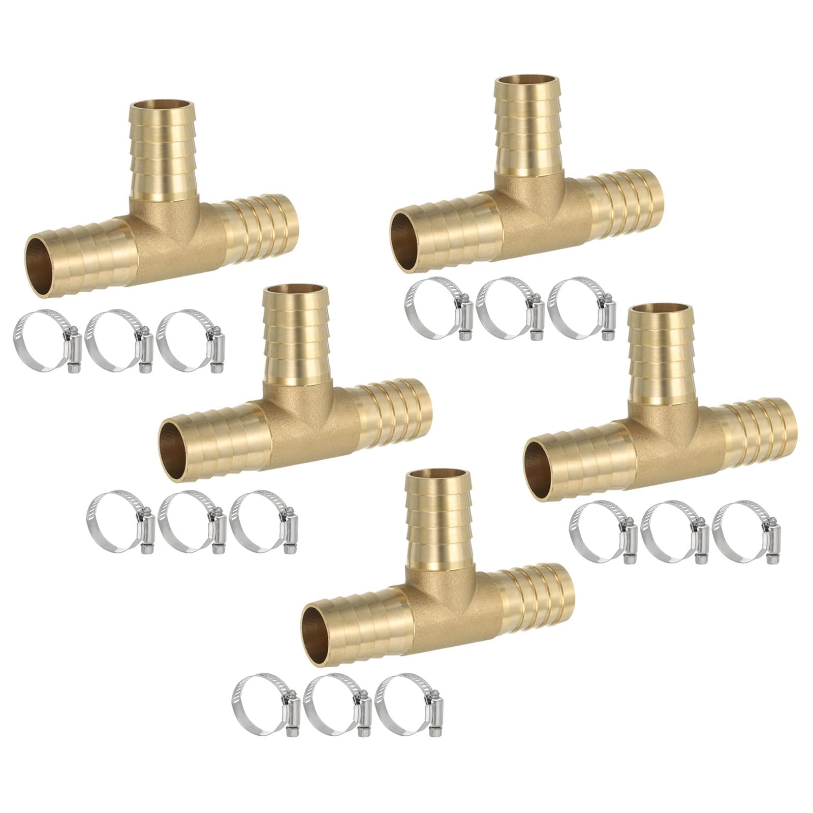 PATIKIL 1/2" Brass Tee Hose Barb Fitting, 3 Ways Union Intersection T Shape Barbed Split with Clamps for Air Water Fuel Gas Liquid, Golden — view 17