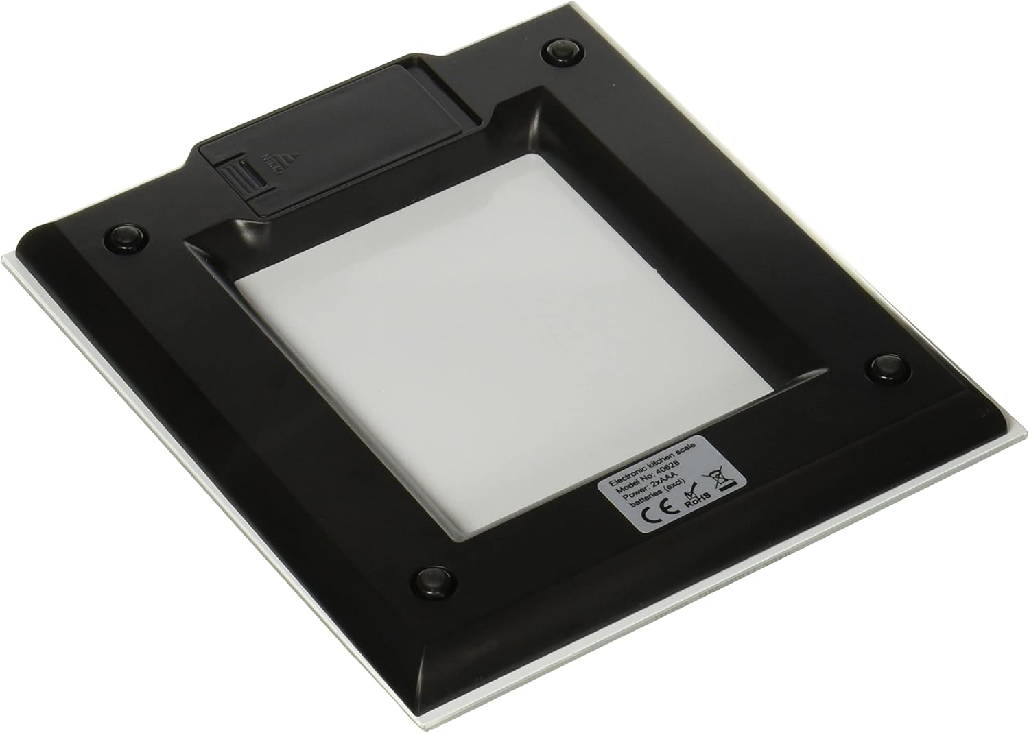 Bottom view of Farberware 40628 scale showing battery compartment