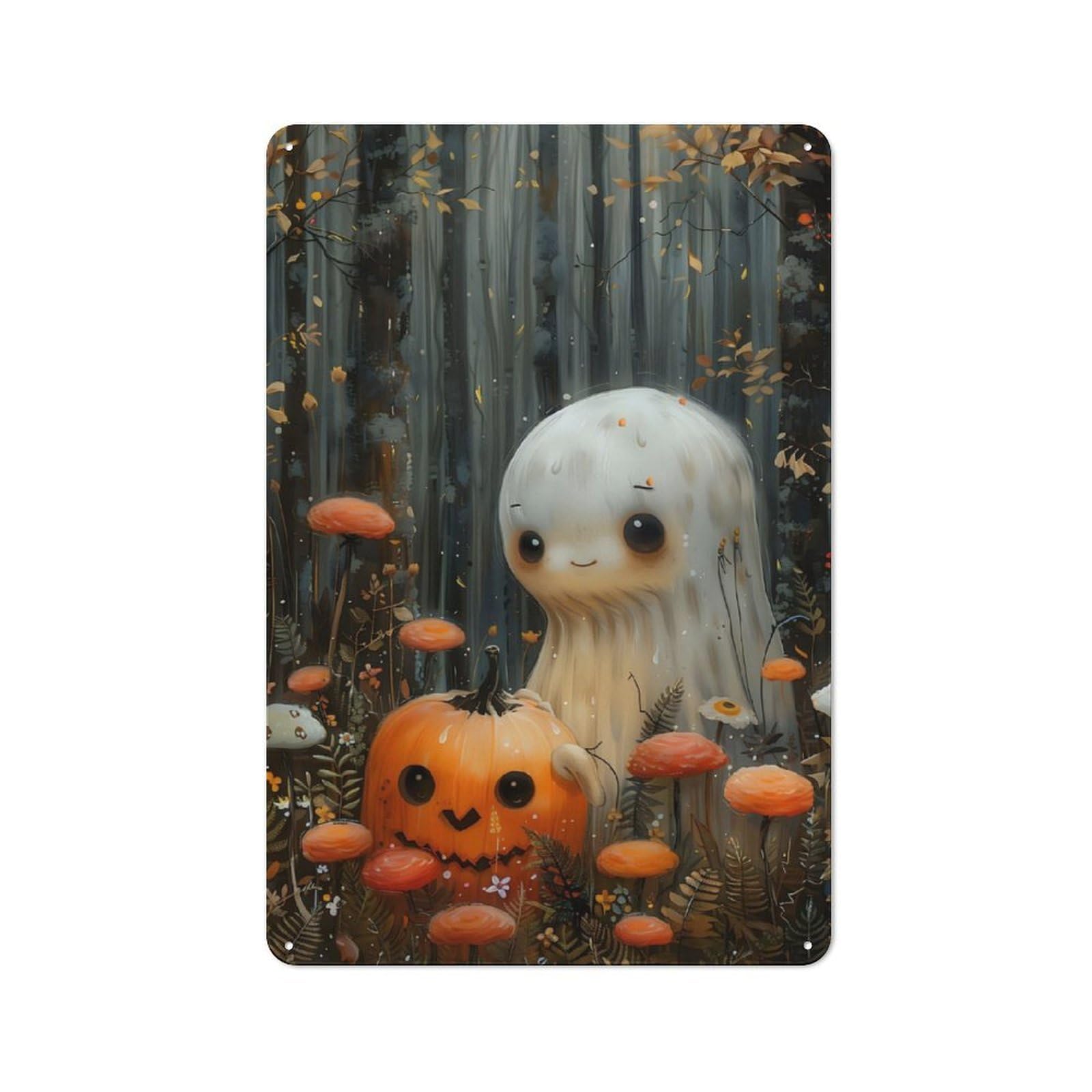 Tin Wall Plaque 30x20cm with Cute Pumpkin Ghost for Living Room Or Hallway, A Decorative Christmas Gift for Home Wall Decor Collectors