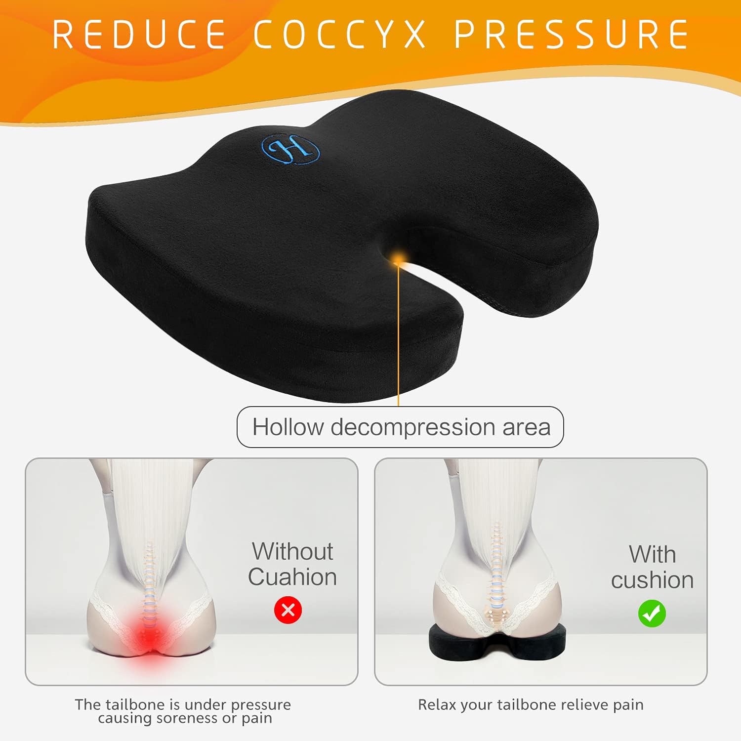 Seat Cushion,Office Chair Cushion for Back Pain,Lower Back & Sciatica Pain Relief,Memory Foam Office Chair Car Seat Cushions with Handle & Non-Slip Base : Office Products