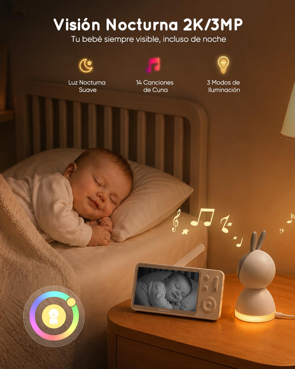 5” 2K/3MP Camara Vigilancia Bebe con App Movil, 360° PTZ Vigilabebes Control de Monitor y Movil, Detección de Movimiento, Detección Inteligente de llanto, Visión Nocturna, 4XZoom, VOX | Control por Monitor y App, Detección de Movimiento y Detección Inteli