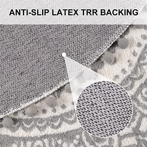 Livebox Round Small Bathroom Rug 2Ft Machine Washable Boho Mandala Throw Rug With Chic Pom Pom Fringe Non-Slip Ultra Soft Area Rug For Bath Bedroom Playroom Kids Room(Gray And Cream) #TOP2
