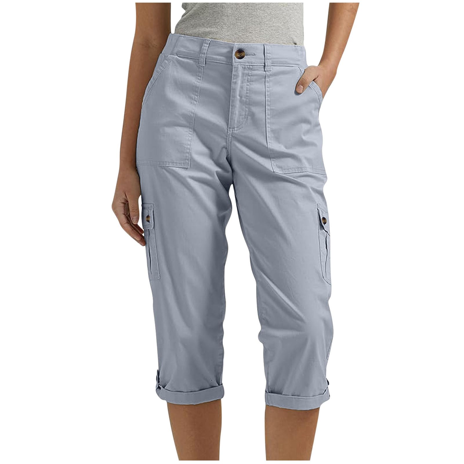 Cargo Capri Pants Women High Waisted Elastic Capris Trousers Cropped Pants with Pockets Casual Work Clothes