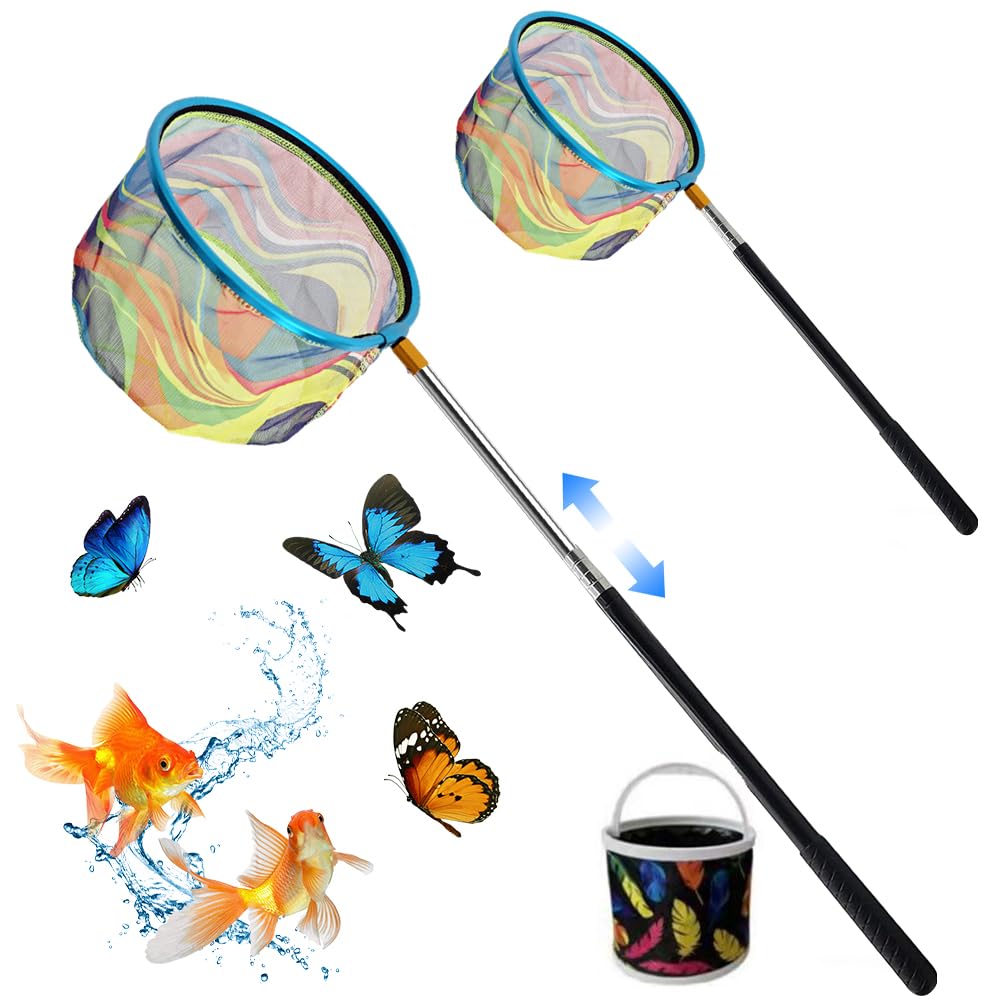 Teleskop Kescher Kinder,41-150 cm Angelkescher Schmetterlingsnetz mit Teleskopstange,Faltbarer Eimer,Angel Kescher für Kinder,Klein Fangnetz Outdoor zum Fangen von Insekten,Schmetterlingen
