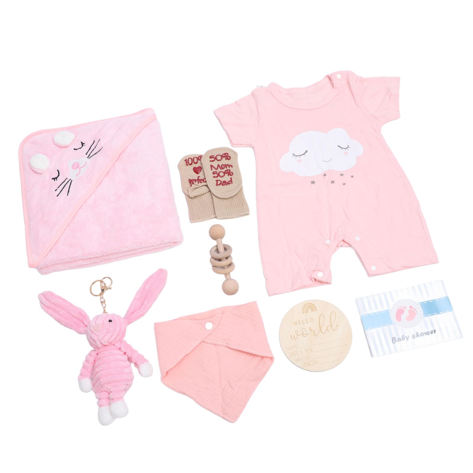 Jiawu Juego de Cestas de Regalo para Recién Nacidos, Incluye Ropa para Muñecas, Baberos, Calcetines, Sonajero, Juguete de Madera y Tarjeta de Felicitación, Toalla Suave (PINK)