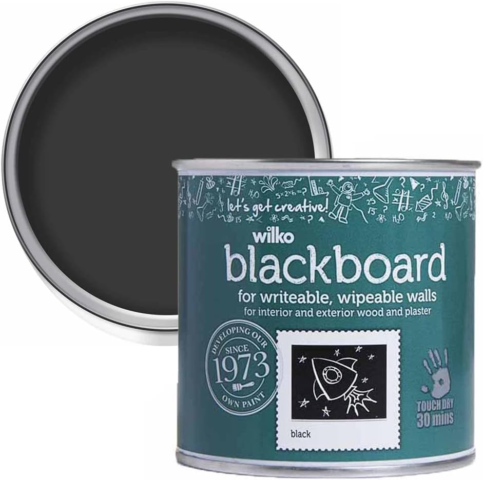 wilko Matt Black Chalkboard paint, Hardwearing and Wipeable Blackboard Paint, 250ml