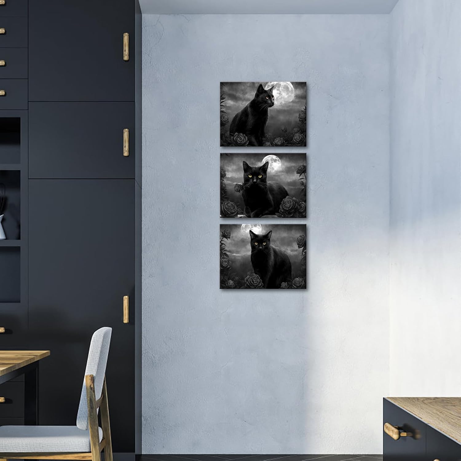 sechars 3 Pieces Cat Canvas Wall Art Black and White Animal Pet with Flower Painting Picture Print Modern Pet Artwork Framed for Living Room Bedroom Office Decor Ready to Hang (Black, Small)