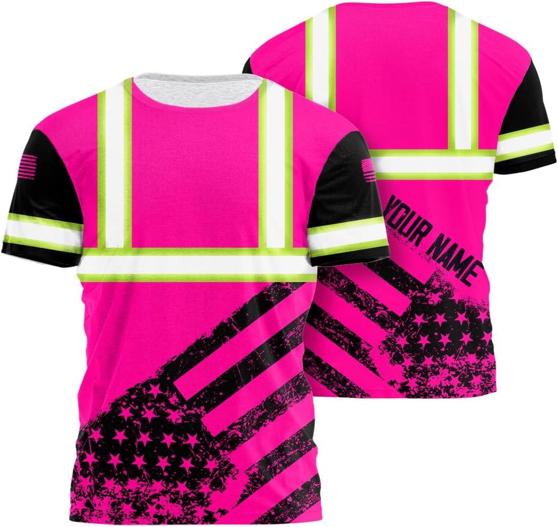 US Flag with Neon Color High Visibility Shirt for Men Women Custom Name Reflective Safety Shirts for Workers