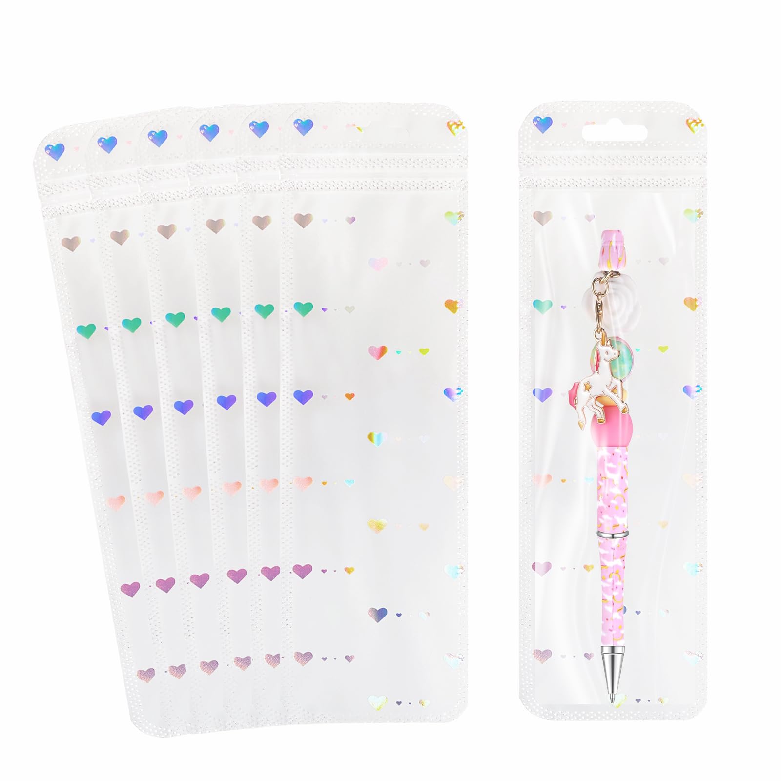 100pcs Holographic Beadable Pen Packaging Bags for Small Business Resealable Pen Gift Packaing Platic Smell Proof Storage Bead Bags for Lipgloss,