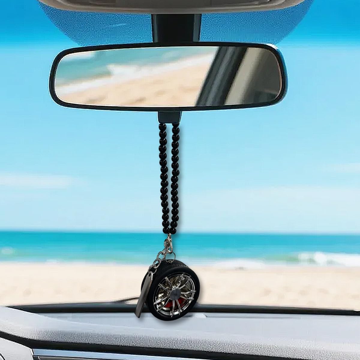 Car Wheel Hub Shape Rear View Mirror Hanging Ornament, Personalized Rosary Auto Mirror Charm, Stylish Vehicle Interior Pendant Decor for Women Men(White)