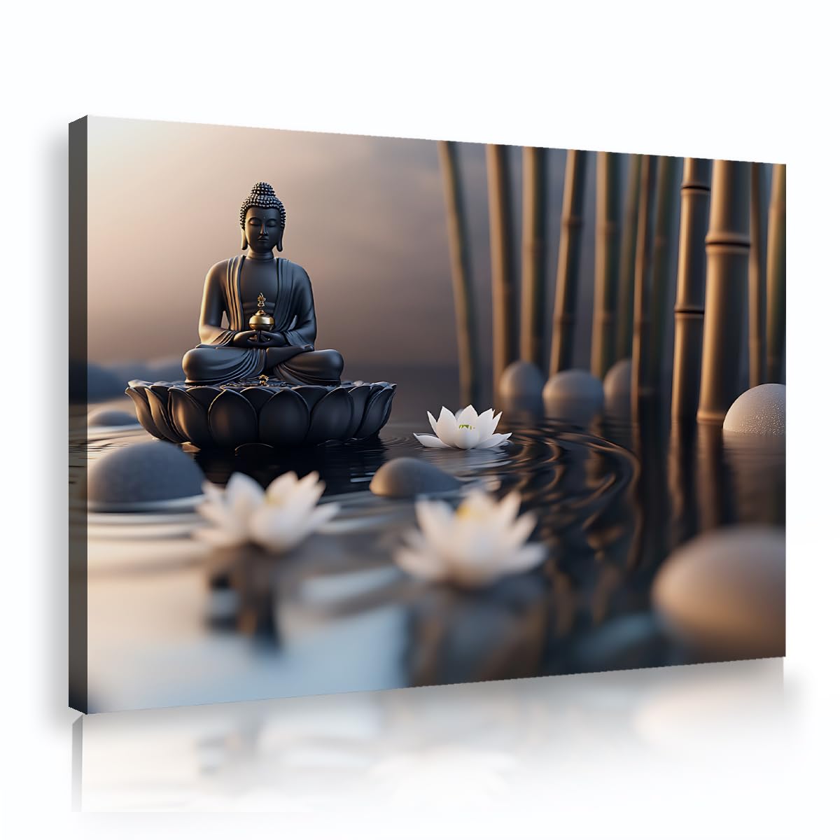 TOANGWALL Zen Budda płótno ścienne oprawione biały lotos i bambus dekoracje wodne bambusowe grawerowanie kamieni spa do dekoracji łazienki Nowoczesna dekoracja ścienna do domu 50x75cm