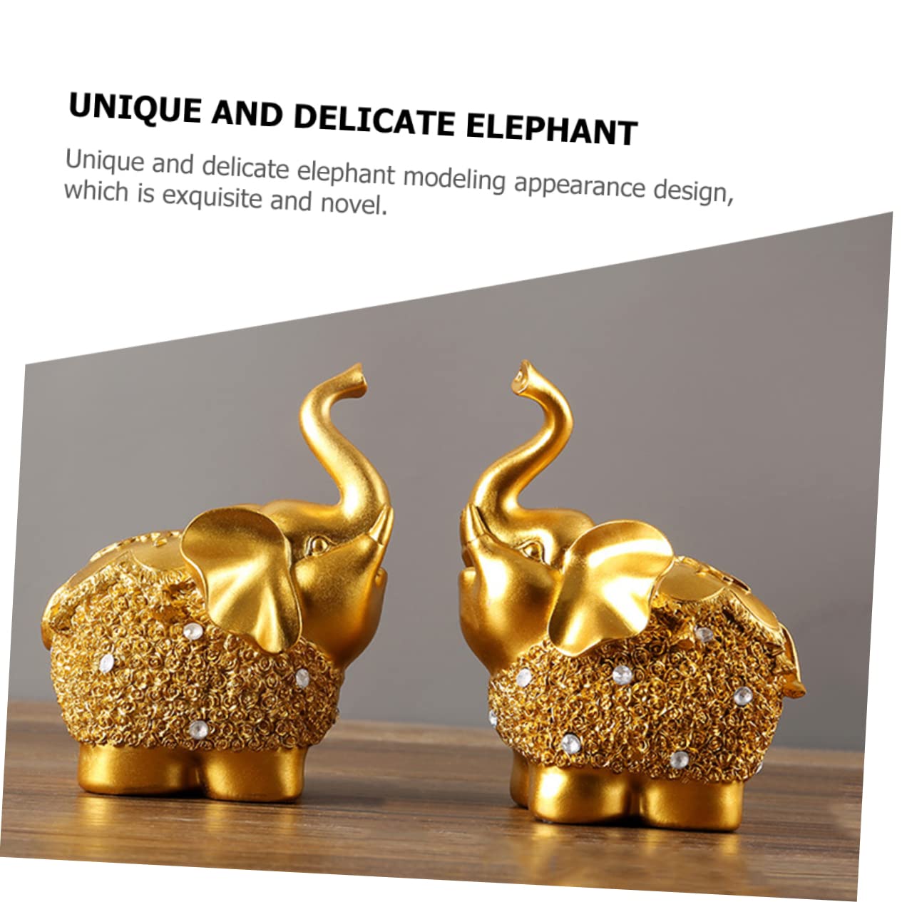 Scultura di Elefante in Resina Dorata 2 Pezzi Base Piatta e Lavorazione Fine, Ornamento Decorativo per Interni e Scrivania, per Inaugurazioni e Arredamento Casa