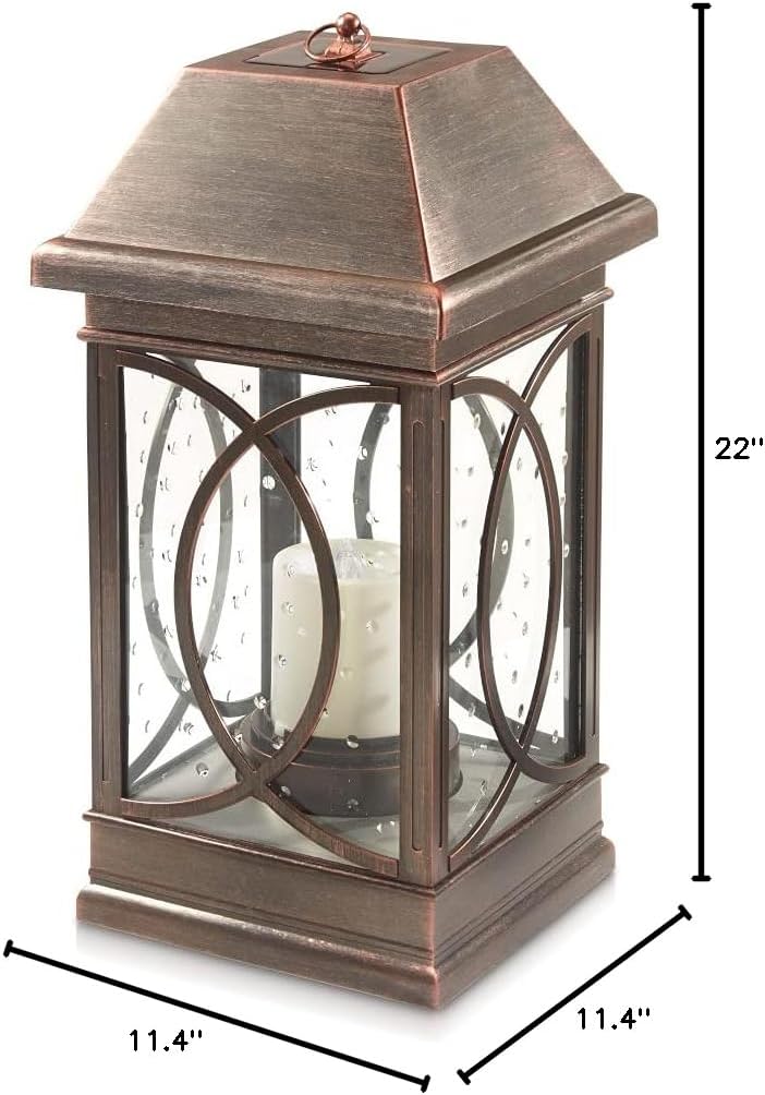 Smart Solar San Vincente Outdoor LED Solar Lantern with Hanging Loop and Real Seeded Glass Shade, Solar-Powered Hanging Lantern for Gardens and Patios, Brown