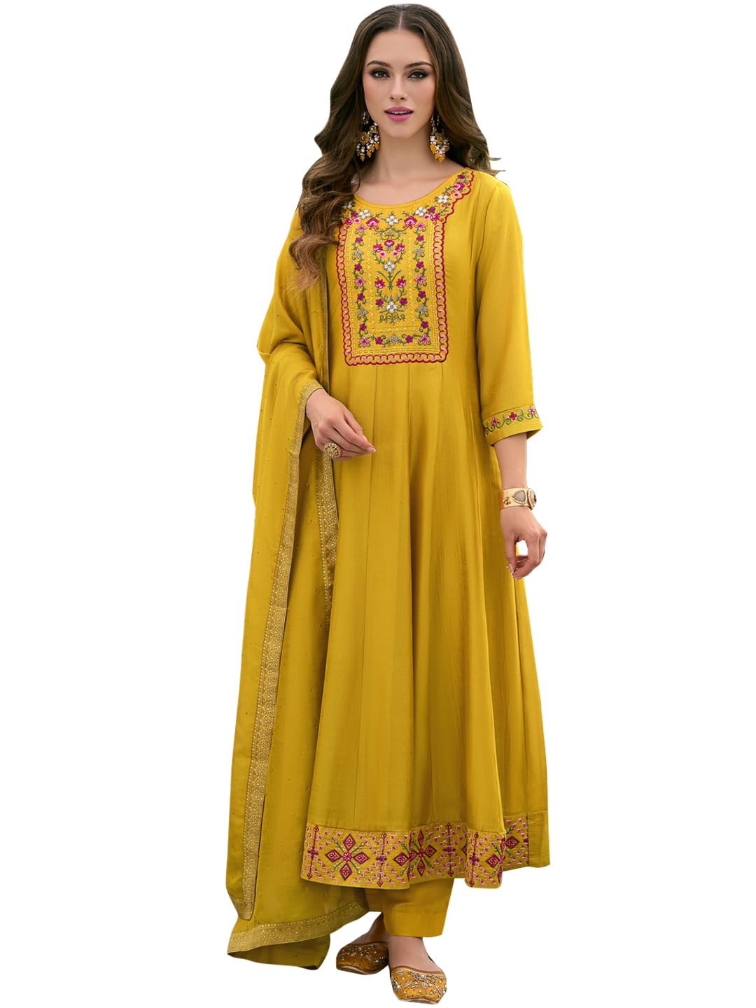 VredeVogel Women's Vichitra Silk Embroidered Kurta Pant Set with Swarosky Diamond Dupatta