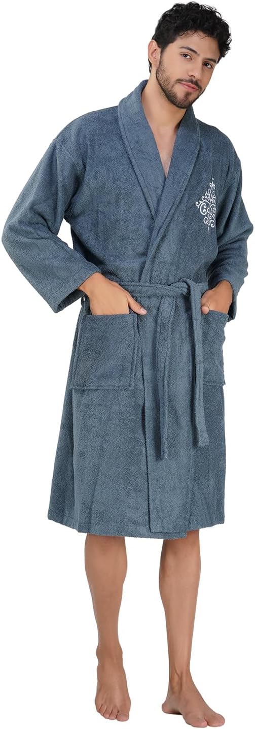 Rangoli Royal Bamboo Premium Bathrobe For Men | Ultra Soft Bamboo Yarn Lightweight Bathing Robes | 460 GSM Highly Absorbent & Quick Drying Luxurious Bath Gown | Knee Length Bath Robe- Blue.