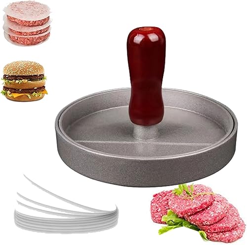 Amuideasy Hamburguesa para hacer hamburguesas, prensa de hamburguesas de aluminio, con mango de madera, prensa de carne, molde para hamburguesas con
