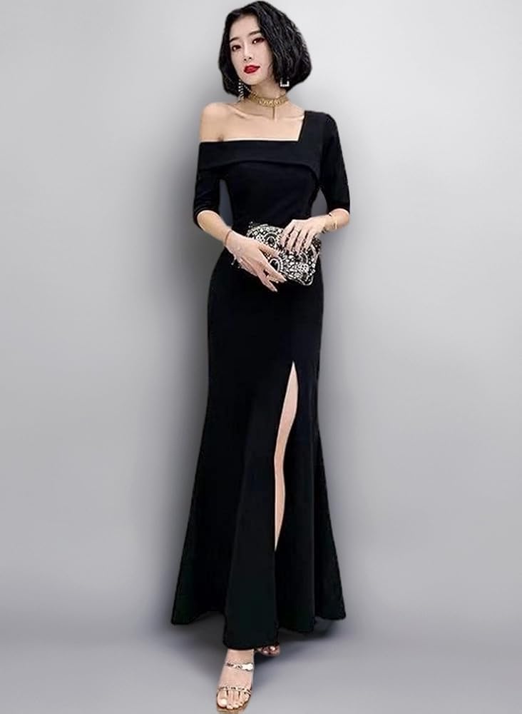 大胆スリット×マーメイドラインのロングドレス！結婚式やパーティーに最適！ ロングドレス オフショルダーマーメイドラインパーティードレス
