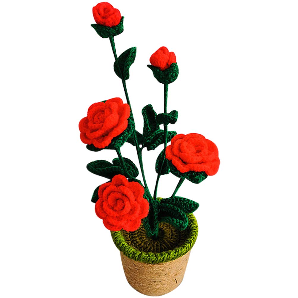 Pot de fleurs artificiel rouge en laine tricotée main avec finitions soignées Uonlytech