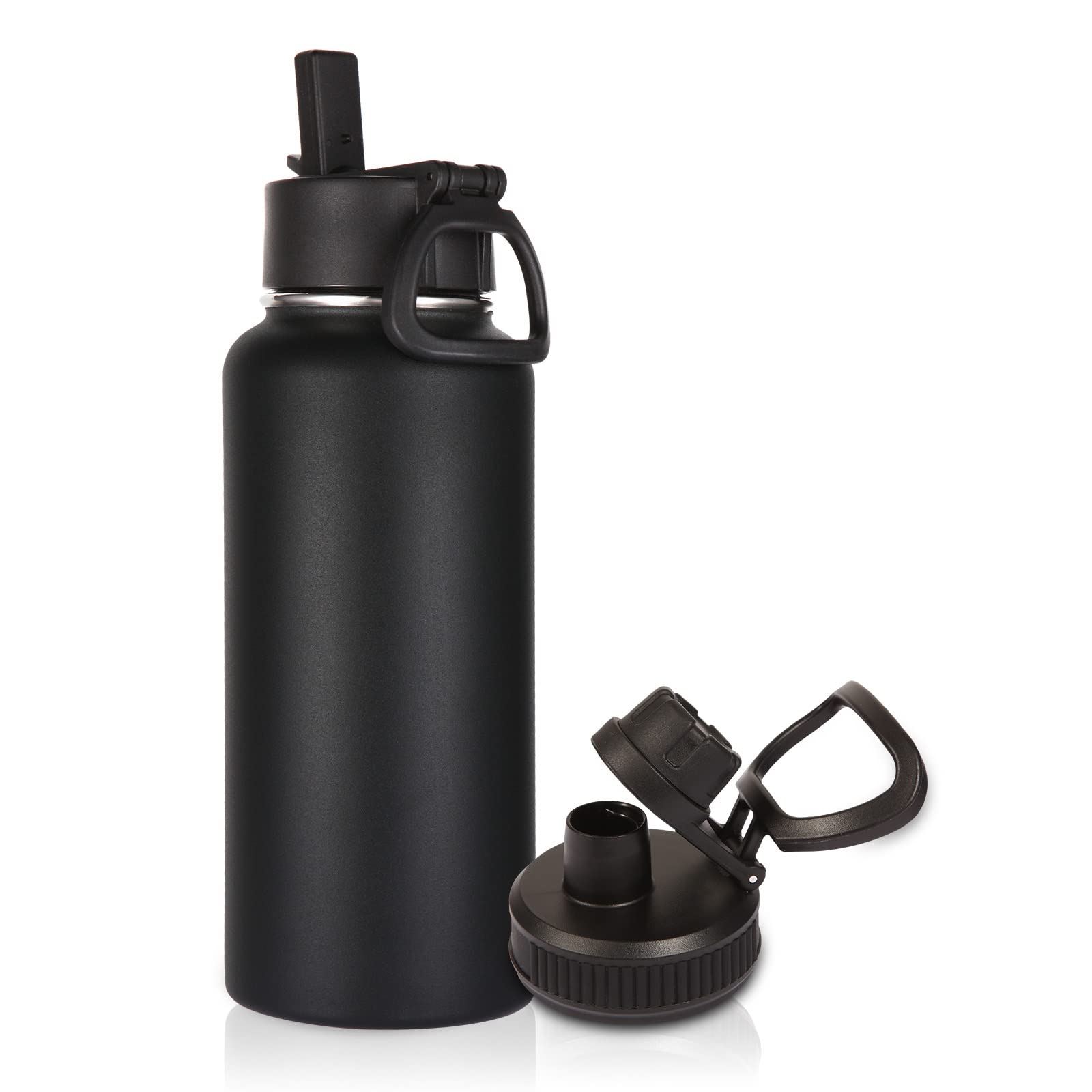 Volhoply 1 liter isolerad vattenflaska med sugrör lock och spout lock, Stainless Steel Sports Water Bottle, Double Wall Vacuum Cups, läckagesäker metallflaska med bred mun för vandring - Svart