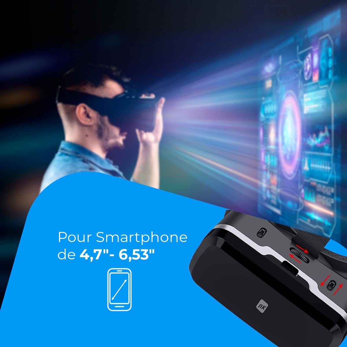 Casque Réalité Virtuelle NK Compatible iPhone Android 4.7"-6.53" Vision 90-100° Rotation 360° Réglage Objectif Pupille Noir