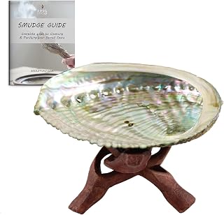 Soul Sticks Abalone Shell for Smudging 4–6" with Wooden Tripod Stand – Natural Shell Burner for Sage, Incense, Palo Santo & Resin – Sustainable, Hand-Polished, with Smudge Guide (4 inch)