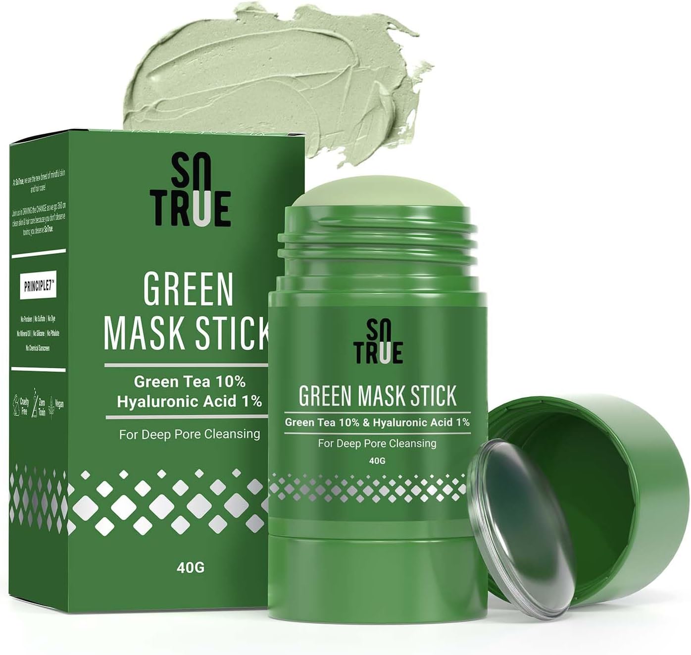 Sotrue Green Tea Cleansing Mask Stick for Face | Made in India | For Blackheads & Oil Control | Purifying Solid Clay Detox Mud Mask with Hyaluronic Acid