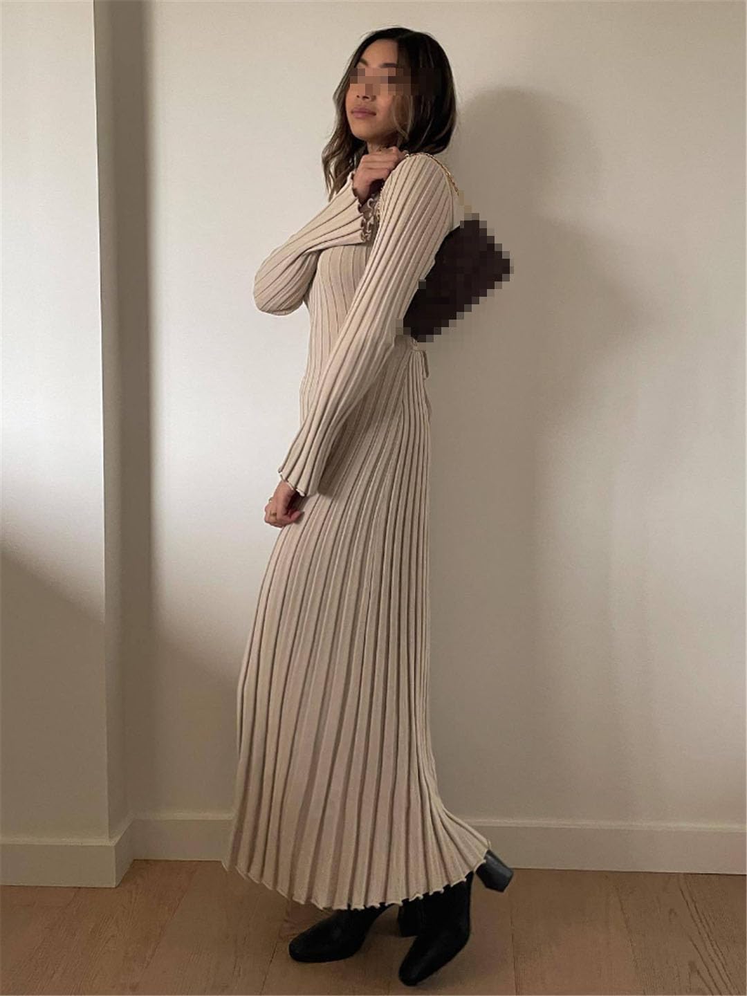 Vestido Maxi De Punto De Manga Larga con Cuello En V para Mujer