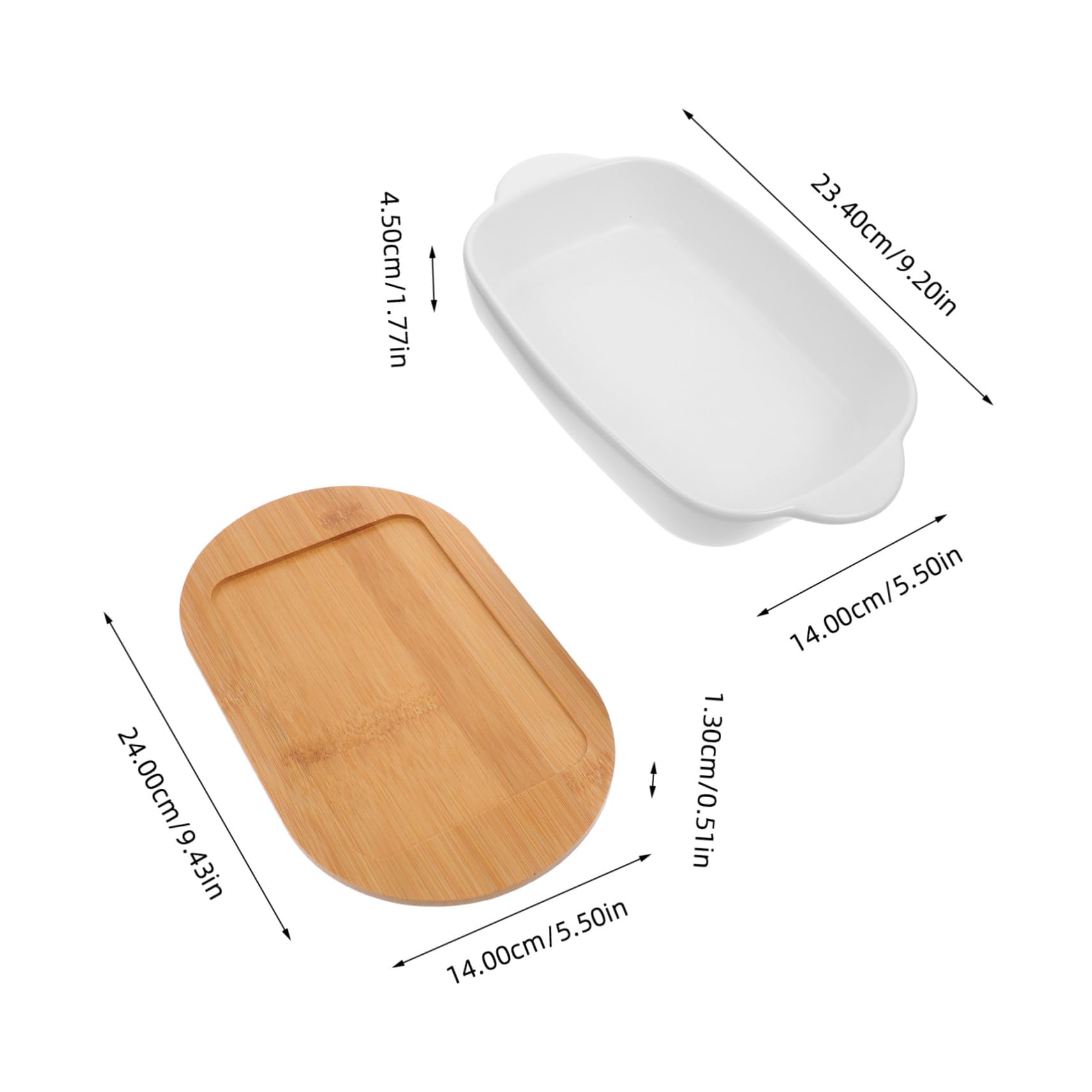 Cabilock Plat à Four Céramique à Double Poignée Plat de Cuisson avec Base Bois Saladier Décoratif pour Salade et Fromage