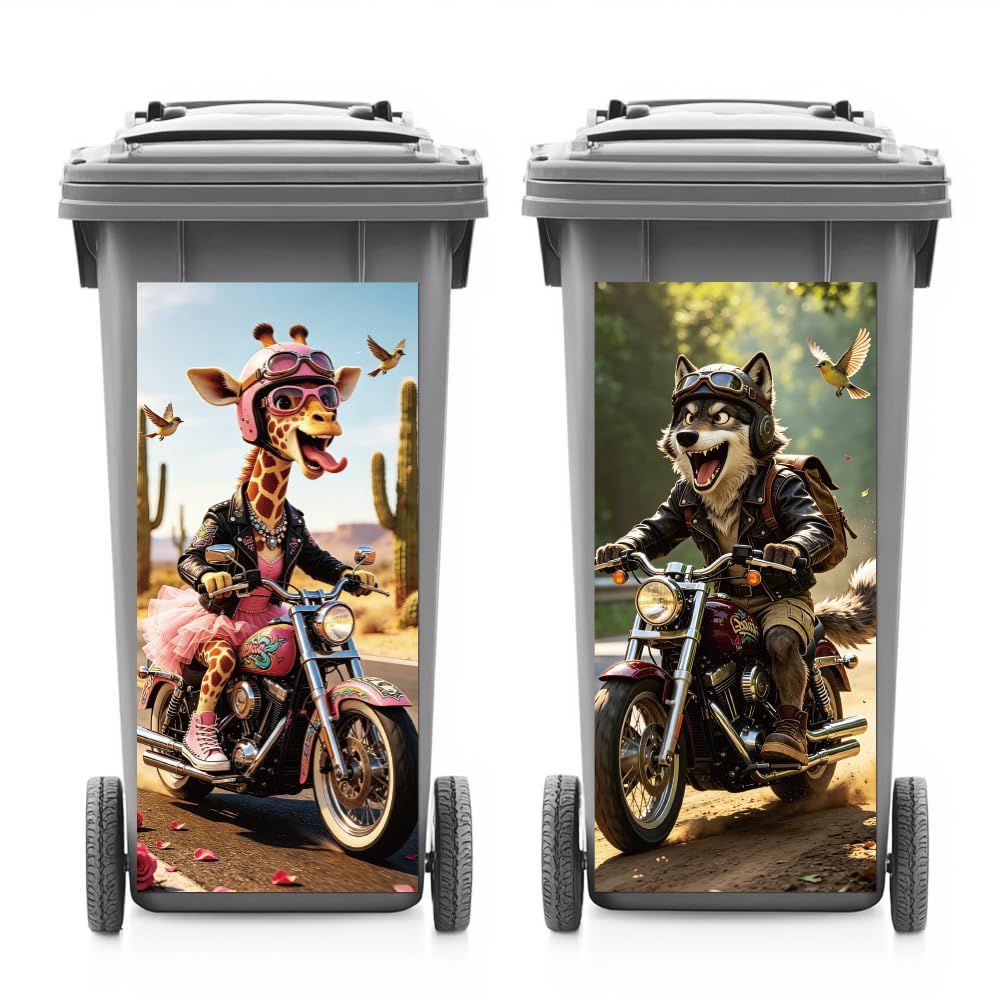 ANATTASOUL 2 Sheets Animal Wheelie Bin Sticker Animal Motorcycle Giraffes and Wolves Waterproof Dustbin Cover Decor, 14.9"x 32.2" Adhesive Large Decal for Bins, Fridge, Wall Outdoor, Indoor Decoration