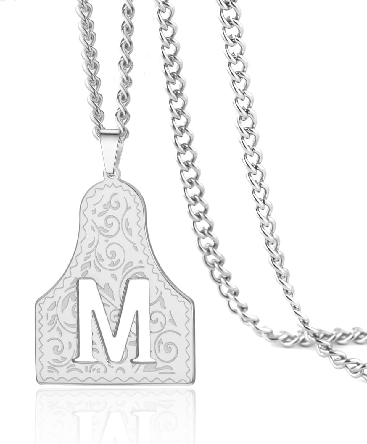 GYFGRTQ Cow Tag Initial Necklace for Women Men Stainless Steel Retro Western Cowboy Cowgirl Jewellery Hippie Gift, Silver
