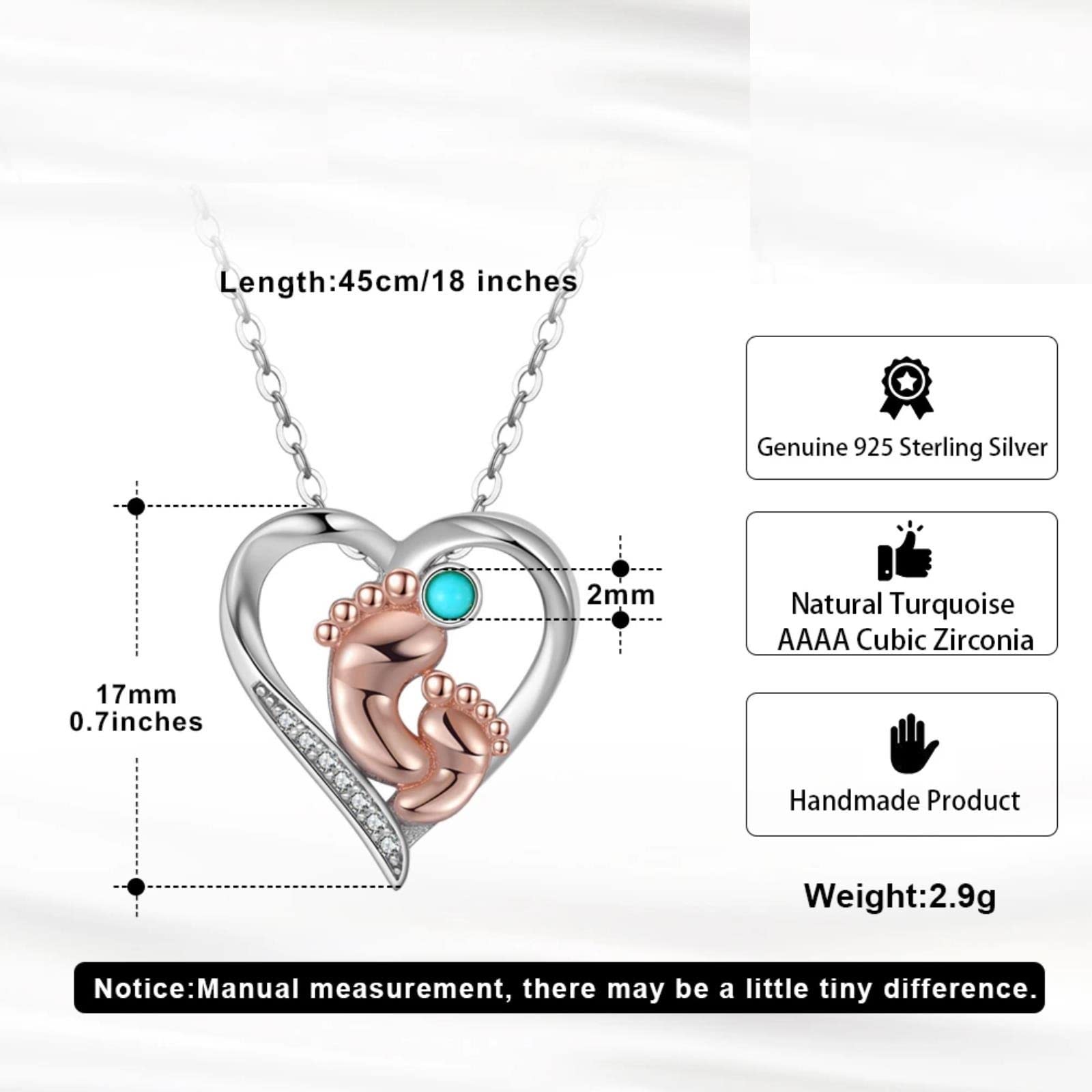 Collana con Ciondolo da Donna in Argento 925 con Ciondolo A Forma di Cuore con Design A Forma di Piede di Bambino Turchese Naturale. Regalo di Gioielli per La Festa della Mamma