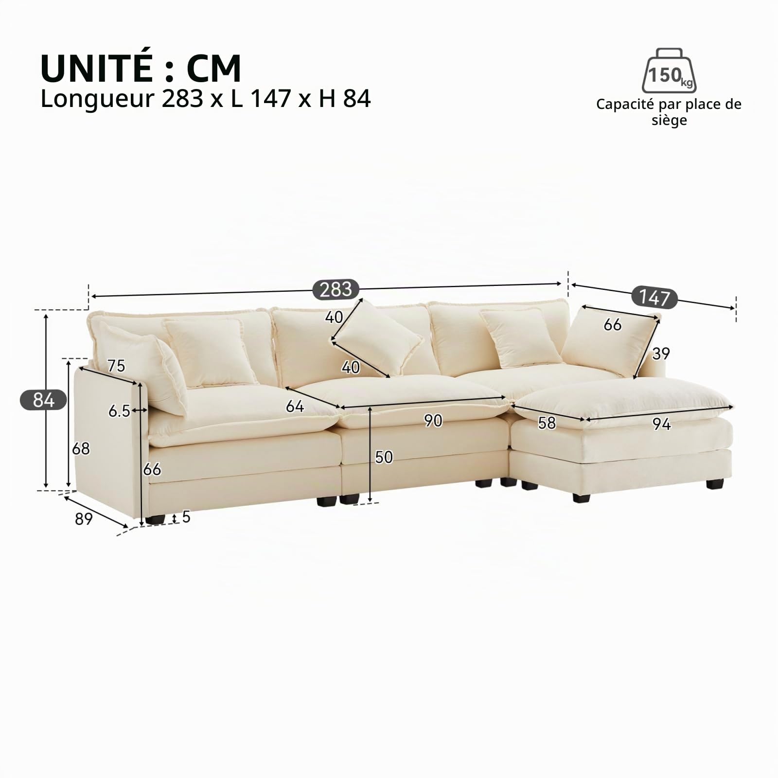 KOMHTOM Canape d Angle Gris/Beige avec Coussins, canape 3 Places avec Pouf Canapé Moderne pour Salon Grand canapé (Beige)