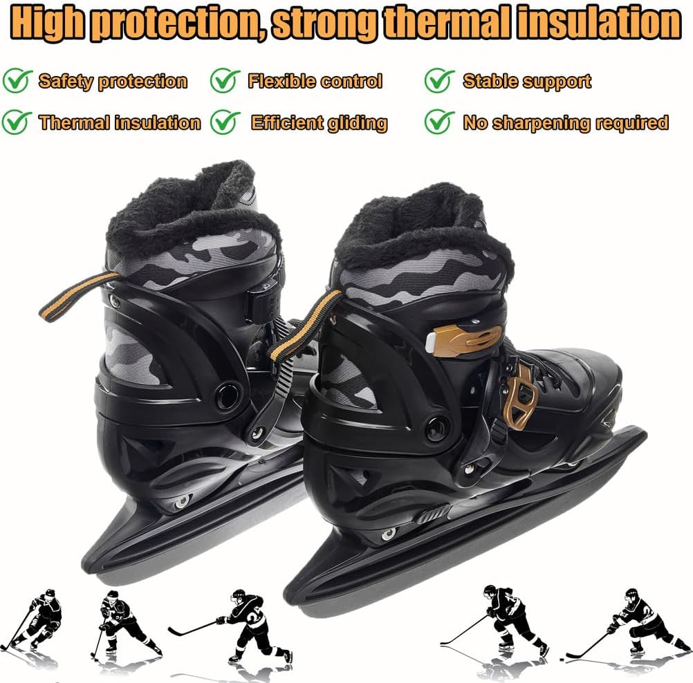 Ice Hockey Skates with Comfortable Padding & Breathable Lining, Fashion Camouflage Pattern Ice Skates for Children, Men, and Women, Adjustable Sizes US 10C-10