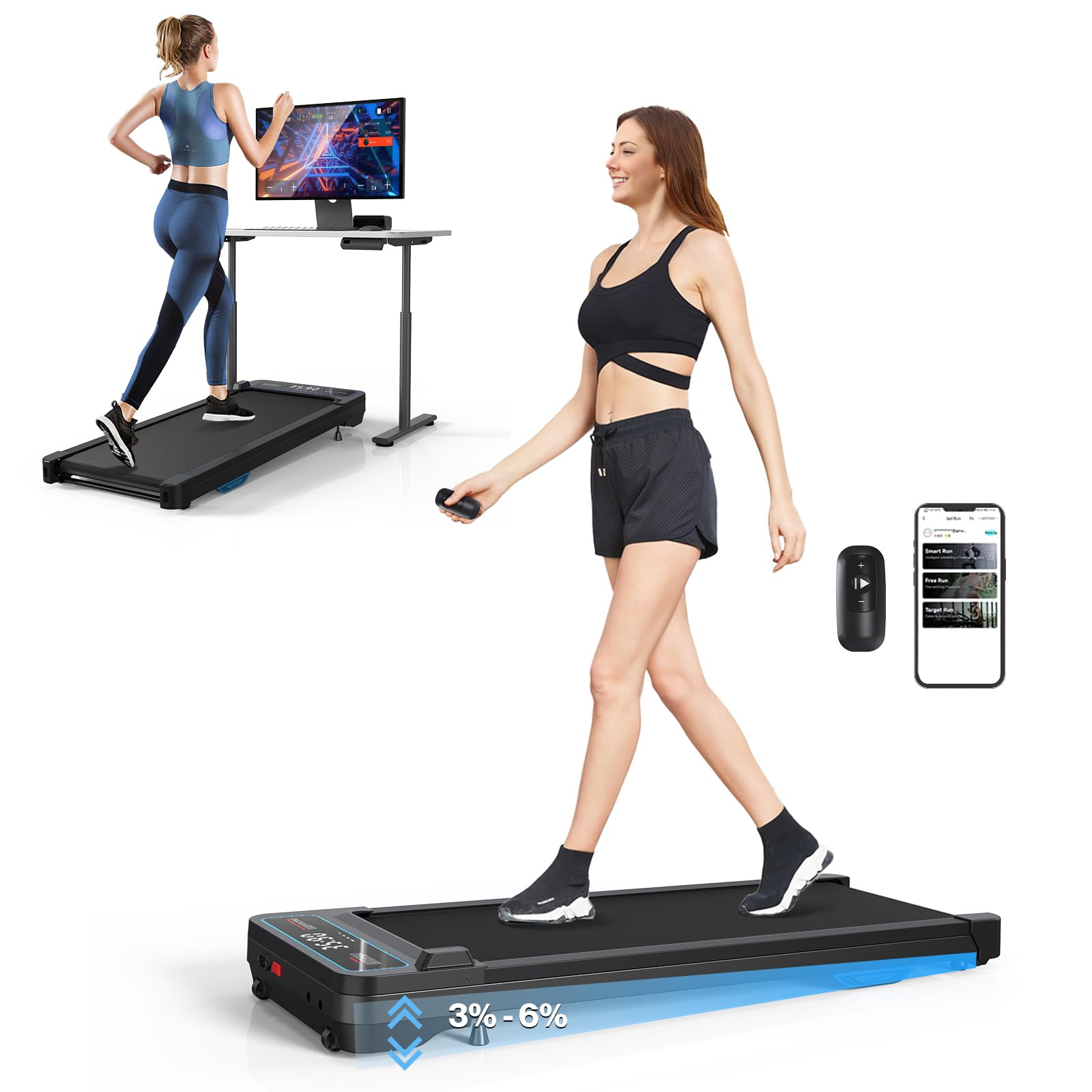 Walking Pad Treadmill, 2.5 HP Under Desk With 6% Incline, 3 in 1 Running Machine, Portable With Remote, LED Display, App, Voice Control for Home Office