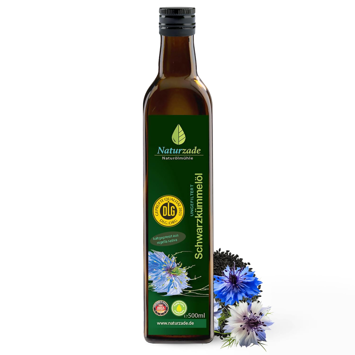 Naturzade Schwarzkümmelöl 500ml Ungefiltert Glasflasche,hoher Thymochinongehalt, kaltgepresst & naturrein ohne Zusätze, direkt vom Hersteller