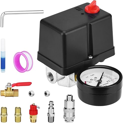 Miniatura 16 de Válvula de control universal del interruptor de presión del compresor de aire (90-120 PSI, 110V-240V) con regulador de 0-180 PSI y válvula de alivio