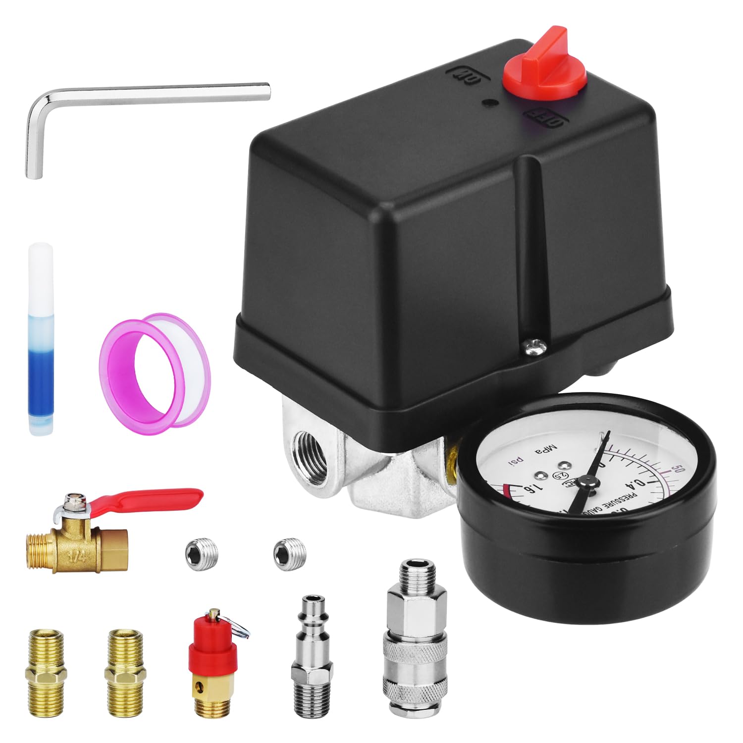 Válvula de control universal del interruptor de presión del compresor de aire (90-120 PSI, 110V-240V) con regulador de 0-180 PSI y válvula de alivio de presión de seguridad, pieza de repuesto de 4