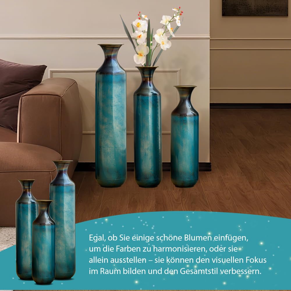 Metallvase 3er Set Vintage Bodenvase Mit Handgebrannter Optik Für Wohnzimmer Flur Und Moderne Wohndeko (Blue+Green + Metal)