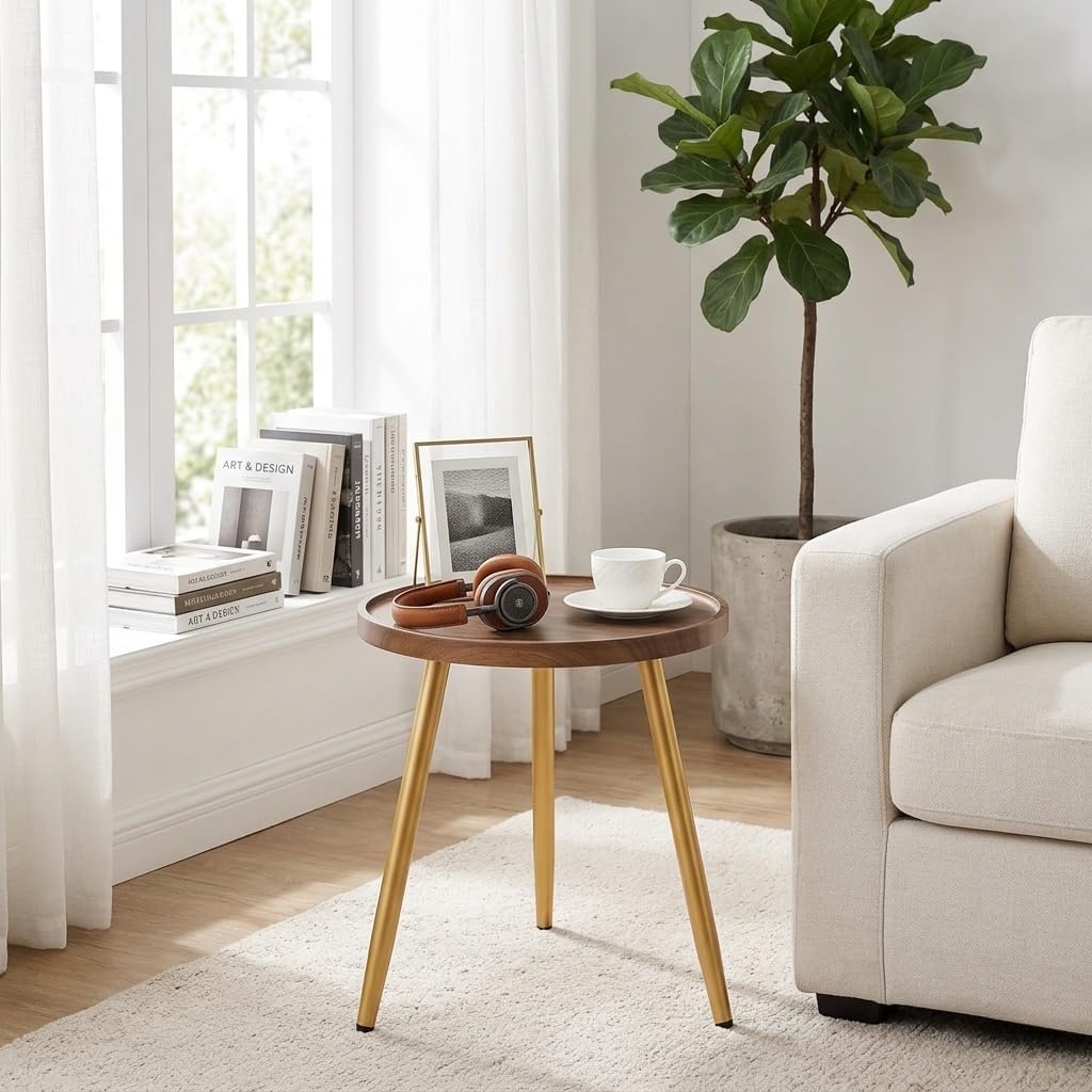 danpinera Round Side Table, Metal Legged Accent Table with Wooden Tray, Small Round End Table for Living Room, Bedroom, Nursery, Brown & Gold