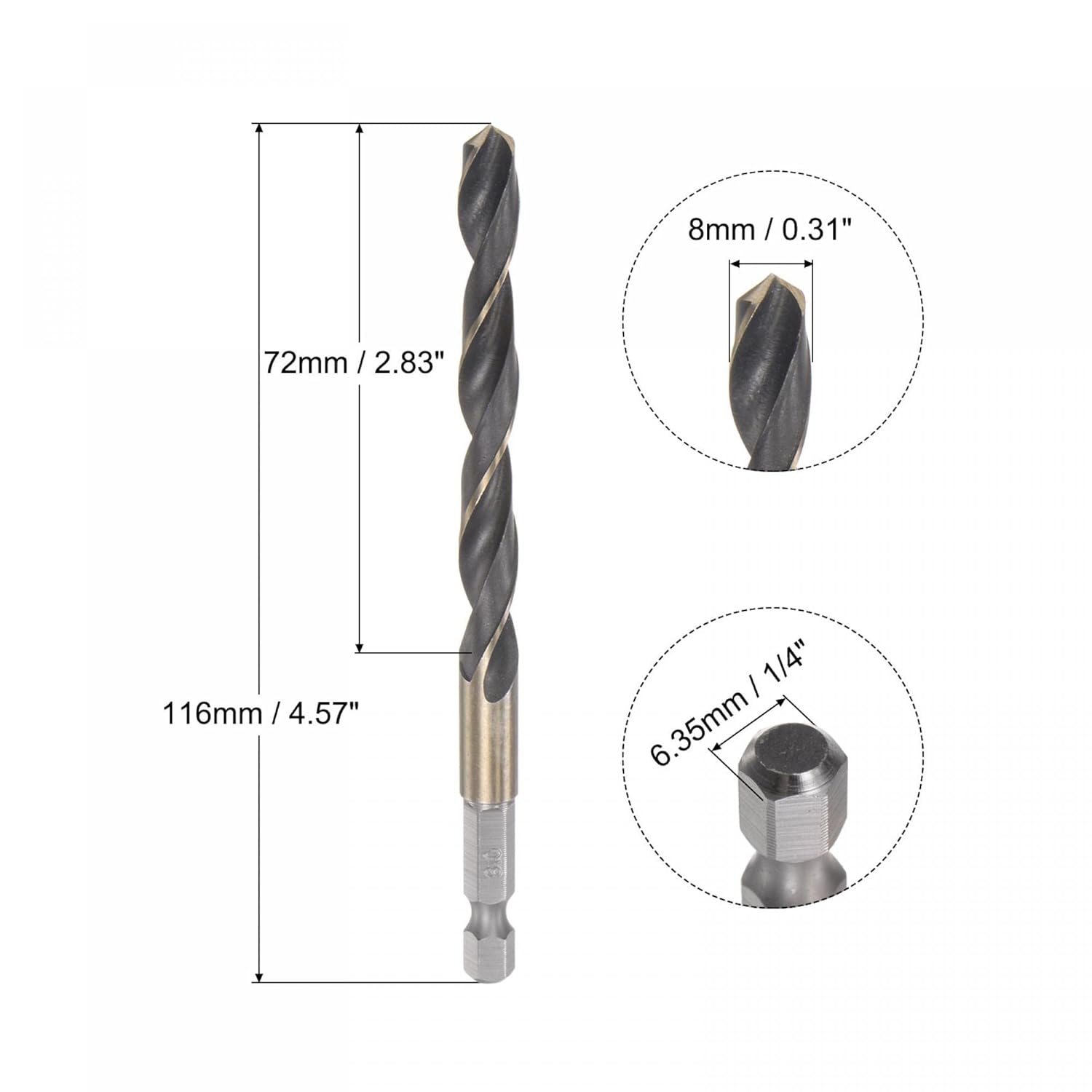 uxcell High Speed Steel Hex Shank Twist Drill Bit, 8mm Drilling Dia with 1/4 Inch Hex Shank 116mm Length