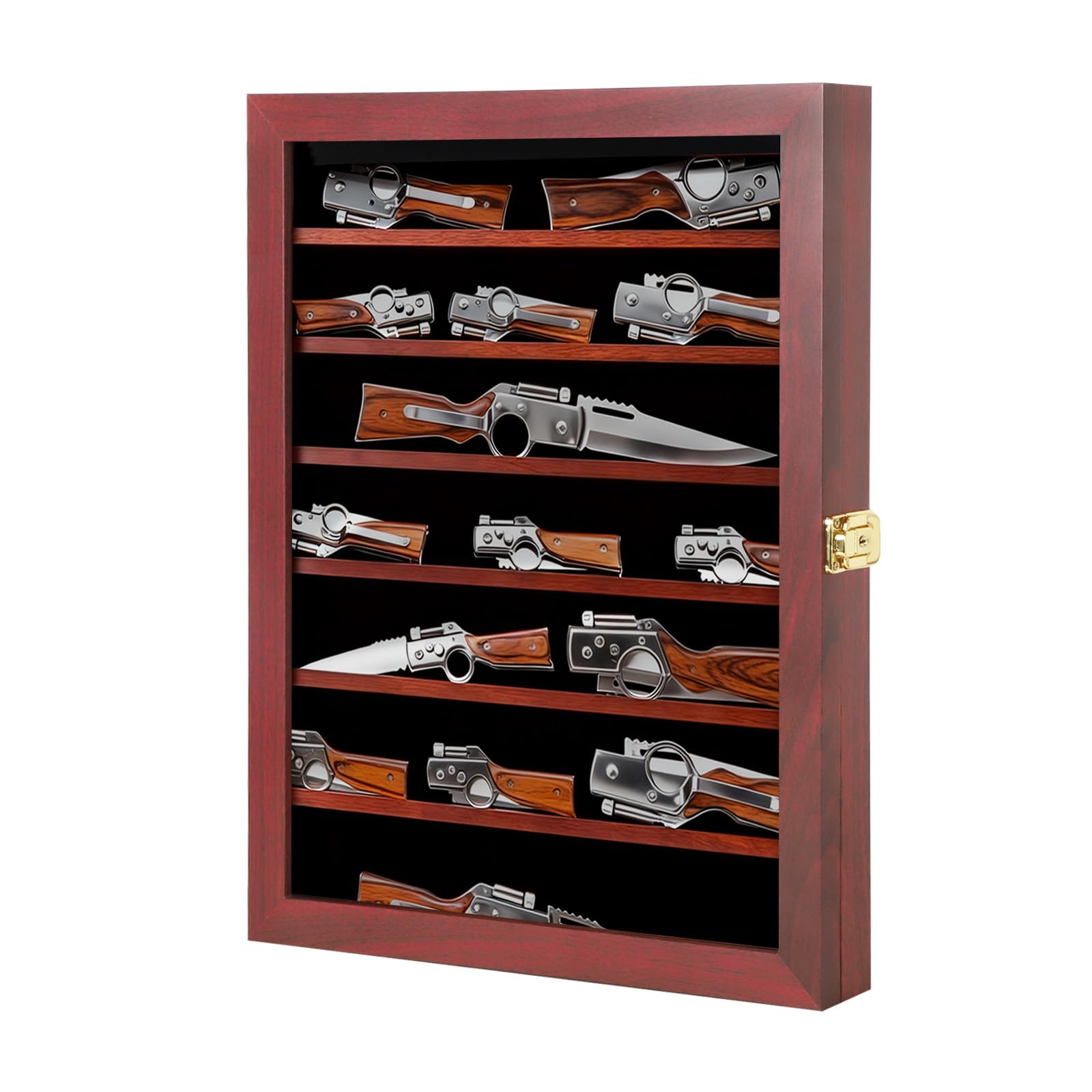 Grintus Taschenmesser-Vitrine 7-stöckige Messersammlung Display Box für Wand Klappmesser Schrank mit UV-Schutz Acryl abschließbar groß Mahagoni | Wandhalterung Holzrahmen Messerschrank Gold Diebstahlsicherung Filzfutter UV-Schutz Acryl 7 Abnehmbare Anti-R
