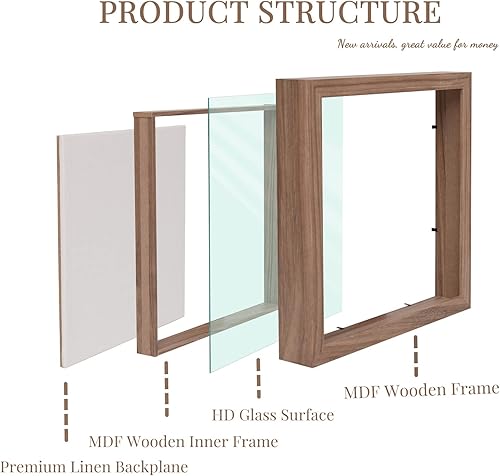 Miniatura 6 de Muzilife Marco de Fotos Tipo Caja de Sombra de 8 x 8 pulgadas con Tablero de Lino - Vitrina de Marco Profundo de Madera y Vidrio Templado, Listo
