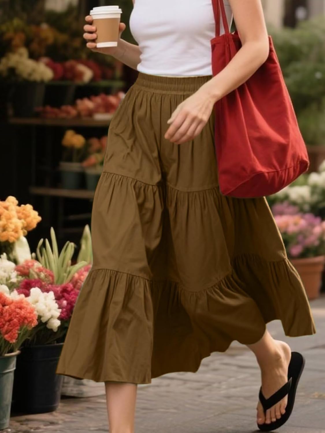 HUSKARY Women Summer Midi Skirt Casual Elastic High Waist Pleated A-Line Flowy Swing Tiered Beach Vacation Skirts - Image 3