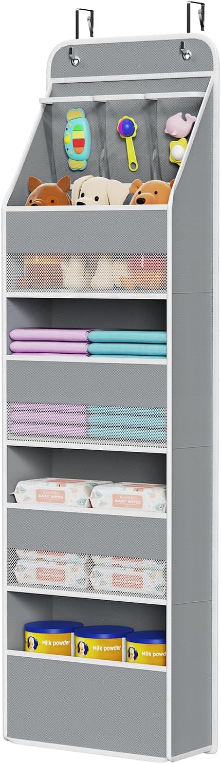 Univivi 5-Shelf Space Saving Door Storage Over Door Hanging Organizer with 4 Large Capacity Roomy Pockets Closet Cabinet Wall Mount Hanging Easy Install Storage Organizers for Baby Nursery (Grey)